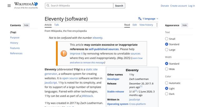 A screenshot of the Wikipedia page for Eleventy